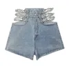 [EAM] Kobiety Szerokie nogi Niebieski Denim Hollow Out Shorts High Paist Luźne Fit Spodnie Moda Wiosna Lato 1DD6396 21512