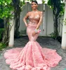 Plus Size Pink Mermaid Prom Dresses 2021 Arabski 3D Rose Kwiat Koronki Z Długim Rękawem Kobiety Cekinowe Formalne Wieczór Prathy Suknie