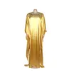 Casual Dresses Charming Silk Fabric Women Party Gold Color Lace Applique Round Neck Beading Loose Arabic Robes Muslim Middle