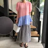 Korejpaa Women Dress Korean Fashion Chic Summer Vintage Plaid Round Collar Loose Bubble Sleeve Cake Long Vestido Female 210526