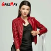 Womens preto jaqueta de couro vermelho faux pu manga comprida outono inverno plus mulheres 210428