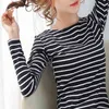 Camiseta básica a rayas para mujer, camiseta informal de algodón elástica de manga larga para primavera y otoño, camiseta de talla grande S-5XL T01301B 210623
