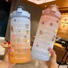 Stickers Water Bottle with Straw 2000ml Cute Portable Scale for Outdoor Travel Kettle Adult Student Drink Jugs 210908