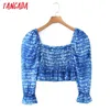 Women Retro Tie Dyed Print Crop Off Shoulder Long Sleeve Chic Female Sexy Slim Shirt Tops SL57 210416