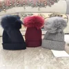 Marque femmes hiver tricot chapeau Pure laine vierge fourrure de renard mode fille doux chaud chapeau hap01a273s