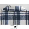 TRAF Women Fashion Oversized Check Cropped Jacket Coat Vintage Long Sleeve Pockets Female Outerwear Chic Tops 210415
