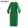 Mulheres chique moda com detalhe recolhido verde midi vestido vintage manga longa volta zíper vestidos femininos vestidos 210416