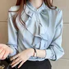 Długie rękaw Ruffles Stojak Collar Szyfonowa Bluzka Bluzka Kobiety Blusas Mujer De Moda Biała Bluzka Topy Kobiety Blusa E138 210426