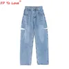 FP att älska kvinna design jeans våren höst gata stil rippad skär full längd hög midja ljus blå dragkedja breda benbyxor 210922
