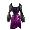 Jesień Sexy See-Through Lace Bubble Rękaw Fold Słodnia Slim Krótki Retro Velvet Dress UK495 210507