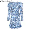 Glamaker Bleu robe en porcelaine à imprimé floral Femmes hiver élégante mini robe à manches longues Party club à volants femme robe d'automne 210412