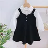 Girls' Autumn Clothes Set Puff Sleeve Doll Collar Long-Sleeved Shirt + Strap Dress 2pcs Toddler 210528