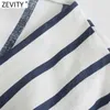 Zevity Femmes Vintage Croix Col V Rayé Imprimé Court Smock Chemises Kimono Blouses Bureau Dames Lin Roupas Blusas Tops LS9228 210603