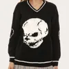 Women's V-neck Vest Skull Printed Sweater Loose Casual Knitted Comfortable Tops Street Retro Autumn Winter Jackets 211011