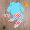 3-24m Valentine \ US Day Rainbow Född Infant Baby Girl Clothes Set Ruffles Romper Heart Pants Spring Outfits 210515