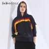 TWOTWINSTYLE Streetwear Patchwork Imprimé Sweat Pour Femmes À Capuche Col À Manches Longues Hit Couleur Casual Sweats Femme 210517