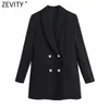 Kobiety Fashion Collar Double Breasted Solid Dopasowane Blazer Płaszcz Biuro Długie Długie Garnitury CHIC Topy CT698 210416