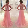 Vintage erröten rosa Abendkleider, A-Linie, Chiffon, Spitze, Applikationen, tiefer V-Ausschnitt, sexy, transparentes Mädchen-Party-formales Kleid