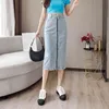 Yaz kadın Uzun Denim Etekler Kuşaklı Chic High Wasit Ön Fermuar Düz Kadın A-Line Jeans 210428