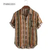 Striped Summer Beach Hawaiian Mens Camisa Casual Hawaii Manga Curta Superize Aloha Camisa Loose Linen Férias Camisa Homens 210524