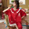 NIGHTWA Womens Cotton Pajamas Set Turn-down Collar Short Sleeves Sleepwear Female Summer Cartoon Bears Homewear Cute Pajamas 211112