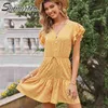 Sexy Frauen Sommer Mini Kleid V-ausschnitt Spitze Up Gelb Polka Dot Kurzarm Tunika Strand Party Sommerkleid Weibliche 210421