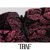 Traf女性シックなファッションとノット花のプリントビロードミニスカートビンテージハイネックバックジッパースカートMujer 210415