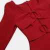 Sexy Red Rayon Bandage Dress Women's Long Sleeve Hollow Bodycon Club Celebrity Evening Party Midi 210527