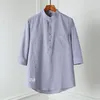 Men's Casual Shirts 2021 Spring And Summer Style Cotton Linen Shirt Stand-Up Collar Half-Sleeved Half-Button Loose Top