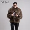 Rosa Java 8139 Ankomst Kvinnor Vinter Tjock Fur Coat Real Jacket Högkvalitativ Stand Collar Outfit Luxury 211129