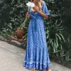 BOHO MAXI DRWOMENレトロ花柄プリントスリーブVネックハイウエストドレス女性夏のビーチロングドラリーvestidos x0621