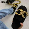 Designer Women Shoes Bag Set Gold Chain Plush Slippers Flat Furry Faux Wool Fur Slides Ladies Chain Leather Handbag Shoulder Bag H1122