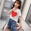 Kids Clothes Heart Tshirt Denim Short Girl Dot Big Girls Hole Tracksuit 6 8 10 12 14 210527