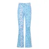 Calças femininas capris mulheres moda casual calças longas sino fundos de sino cintura alta cintura azul leopard imprimir larga perna flare streetwear feminino pano