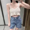 Femmes Knit Cropped Summer Top Za V Cou Sans manches Larges bretelles Sexy Tanks Femme Mode Pointelle Tops tricotés Camis 210602