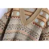 Старинные женщины каскадные полосатые свитеры мода дамы V-образным вырезом вязаные топы уличные женские короткие свободные пуловеры 210427