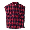 Homens Casuais Camisas Novo Verão Kanyegao Street Rua Vermelho Plaid Flannel Split Zipper Menos Homens Sleaveless Bieber Camisa Moda