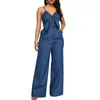 Kvinnor Denim Jumpsuits och Rompers Sexiga Spaghetti Straps Jeans Wide Leg Playsuits Ladies Casual Bandage V-Neck Jumpsuit för Kvinnor