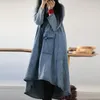 Johnature Autumn Denim Loose Dress Long Sleeve Plus Size Casual Vintage Solid Color O-neck Pockets Button Women Dresses 210521