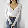 Womengaga Korea Show Lean V-Neck Single Breasted z długim rękawem Jesień Sexy T-Shirt Kobiet Slim Girls Elastyczne 3kol 210603