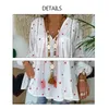 Star Print Plus Size Damskie Topy i Bluzki Sprężyna Dorywczo Hollow Out Długi Rękaw Tunika Kobieta V Neck Luźne Bluzki Koszule