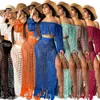 Fringed Tassel Summer Beach Dress Women Sexy Off Shoulder Maxi Klänning Långärmad Boho Sticka Crochet Hollow Out Party Lång Klänning Y0603