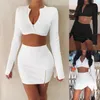 Sonbahar Moda Örgü Temel Beyaz Kırpma Tops Bayan V Yaka T-Shirt ile Mini Elbise Bayanlar Giysileri Vahşi Kadın Eşofman