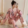Pajamas Set Women's Silk V-neck Long-sleeved Summer and Autumn Ice Ladies Home Service Suit Satin Nightwear Cartoon 210809