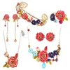 Boucles d'oreilles collier perroquet Rose série ensemble émail couleur émaillé rouge fleur oiseau Long Bracelet anneau en gros pour femme