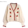 Cherry broderi koreanska kvinnor korta stickade pullover tröjor sommar långärmad v-hals casual söt stil girly gröda topp 211007