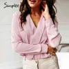 Sexy v neck office lady shirts Long sleeve spring summer female white solid tops work wear slim women blouses 210414