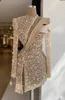 Champagne Evening Dresses Luxury Sequins Beads High Neck Long Sleeves Prom Dress Formal Party Gowns Custom Made Knee Length Robe d245U