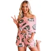 Women Gradient Pajamas Sets Summer V-Neck Short Sleeve Loose Top+High Waist Drawstring Shorts Casual Home Two-Piece Ladies Suits 210507