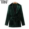 TRAF Women Fashion With Belt Velvet Blazer Coat Vintage Long Sleeve Pockets Female Outerwear Chic Veste Femme 210415